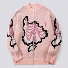 Herr Casual Skelett & Cross Graphic Drop Shoulder Loose Fit Zip-Up tröja - Rosa - L,M,S,XL