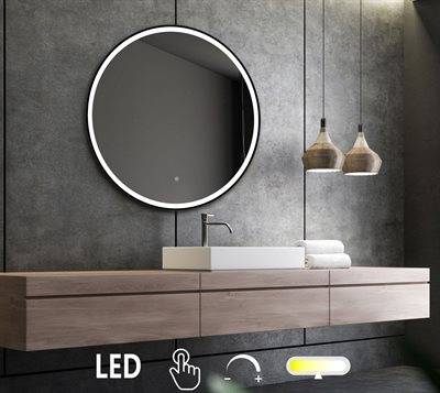 Rundt rammespejl i matsort med LED lys, front & lysstyring Ø60