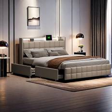 DGCZYXGL Dubbelsängsram à 160 x 200 cm med ribbotten, stoppad säng med sängram, säng med förvaringsutrymme, med huvudgavel och 4 lådor, säng med LED och USB, säng med låda, beige