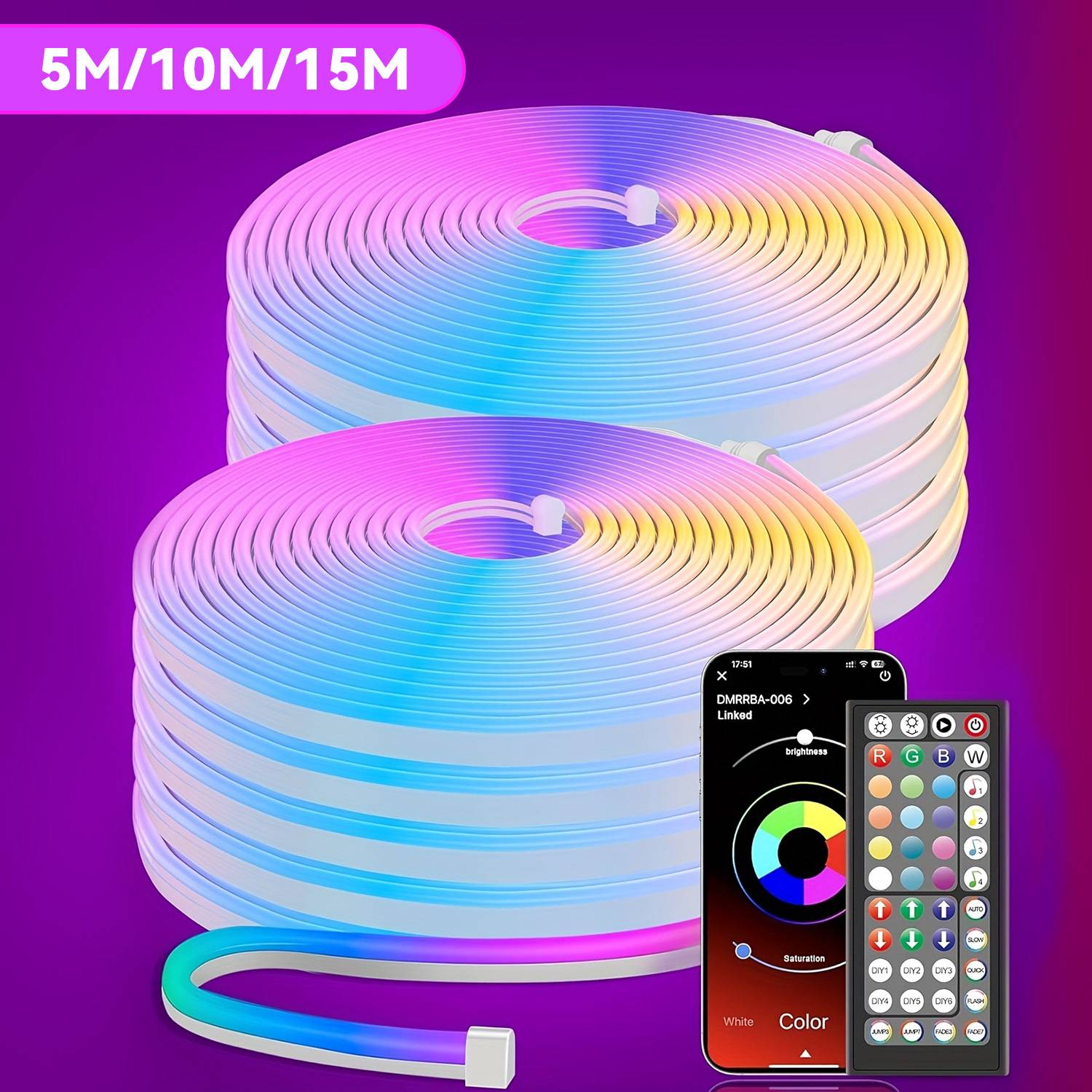 15M/10M/5M Outdoor Flexible LED Neon Rope Lights Control with App/Remote Contr, IP65 RGB Lamp, Music Sync Lamp for Rooms, Garden