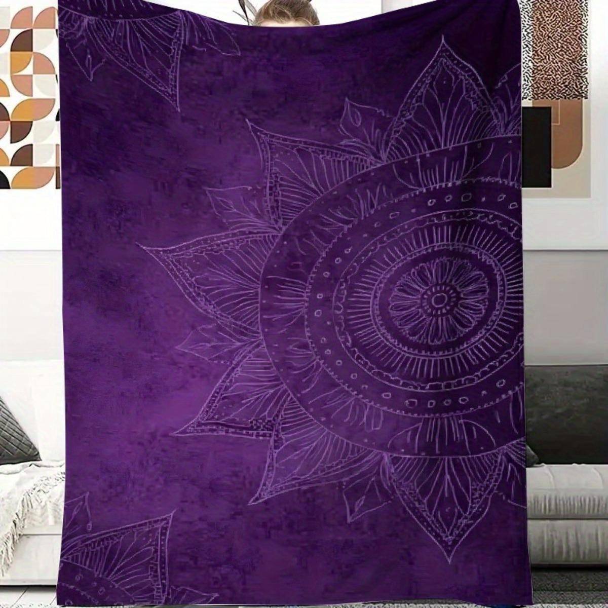 Lyxig mörklila Mandala Flanellpläd, Mjuk Varm Bohemisk Dekoration för Soffa Säng Yoga, Mysig Heltäckande Gåva för Hemmakontor
