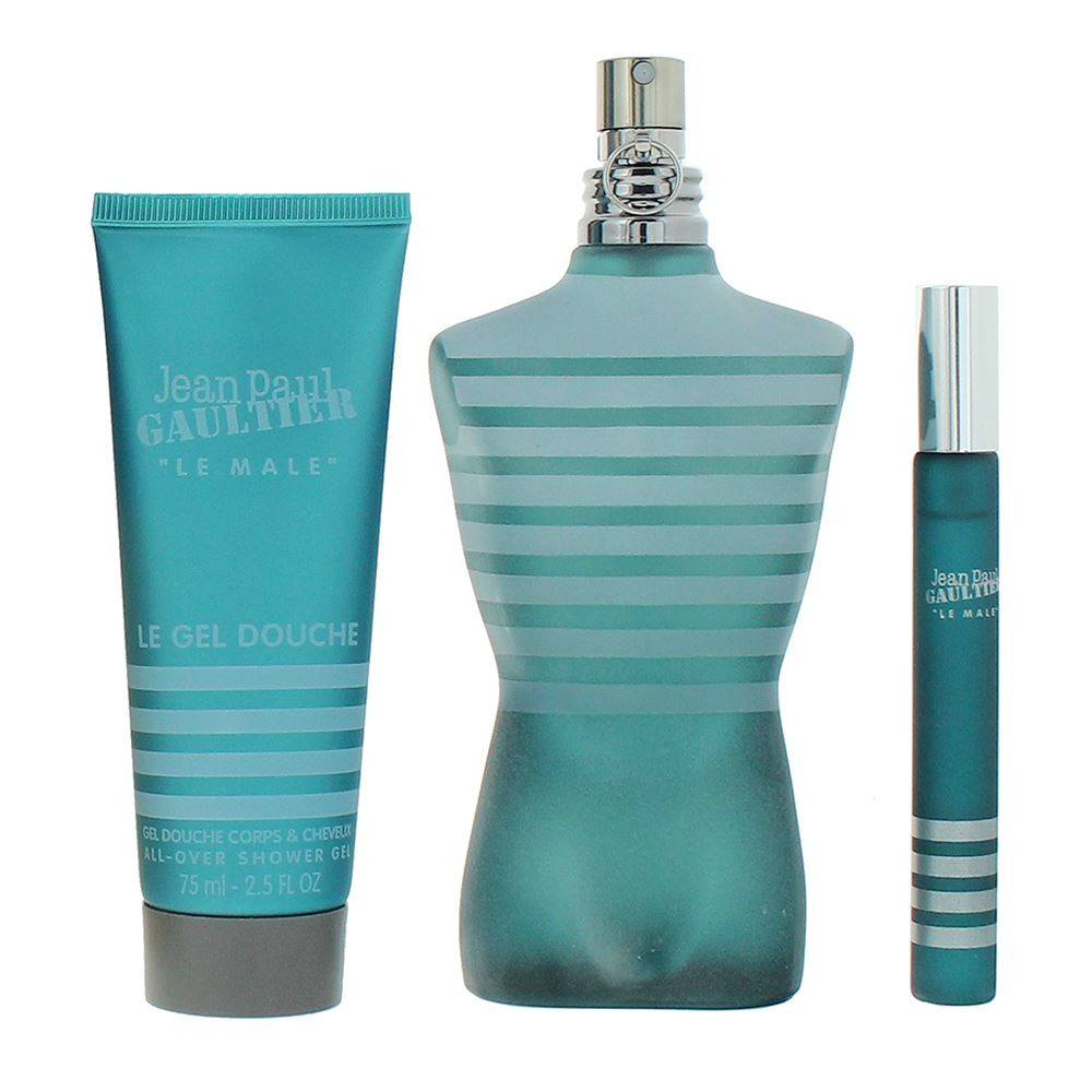 Set Jean Paul Gaultier: Le Male, Eau De Toilette, per uomo, 125 ml + Le Male, Eau De Toilette, per uomo, 10 ml + Le Male, detergente, gel doccia, per