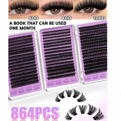 864 st enskilda ögonfranskluster, tjocka och fluffiga D-curl DIY-ögonfransförlängningar, blandad längd 8–16 mm, passar för olika sminkstilar, förstora - Multifärgad