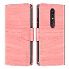 Shantime Träfiber textur läder plånbok flip fodral kompatibel med Nokia 4.2, korthållare, stöd och inre mjukt TPU-fodral skydd för Nokia 4.2 (5,7 tum) rosa