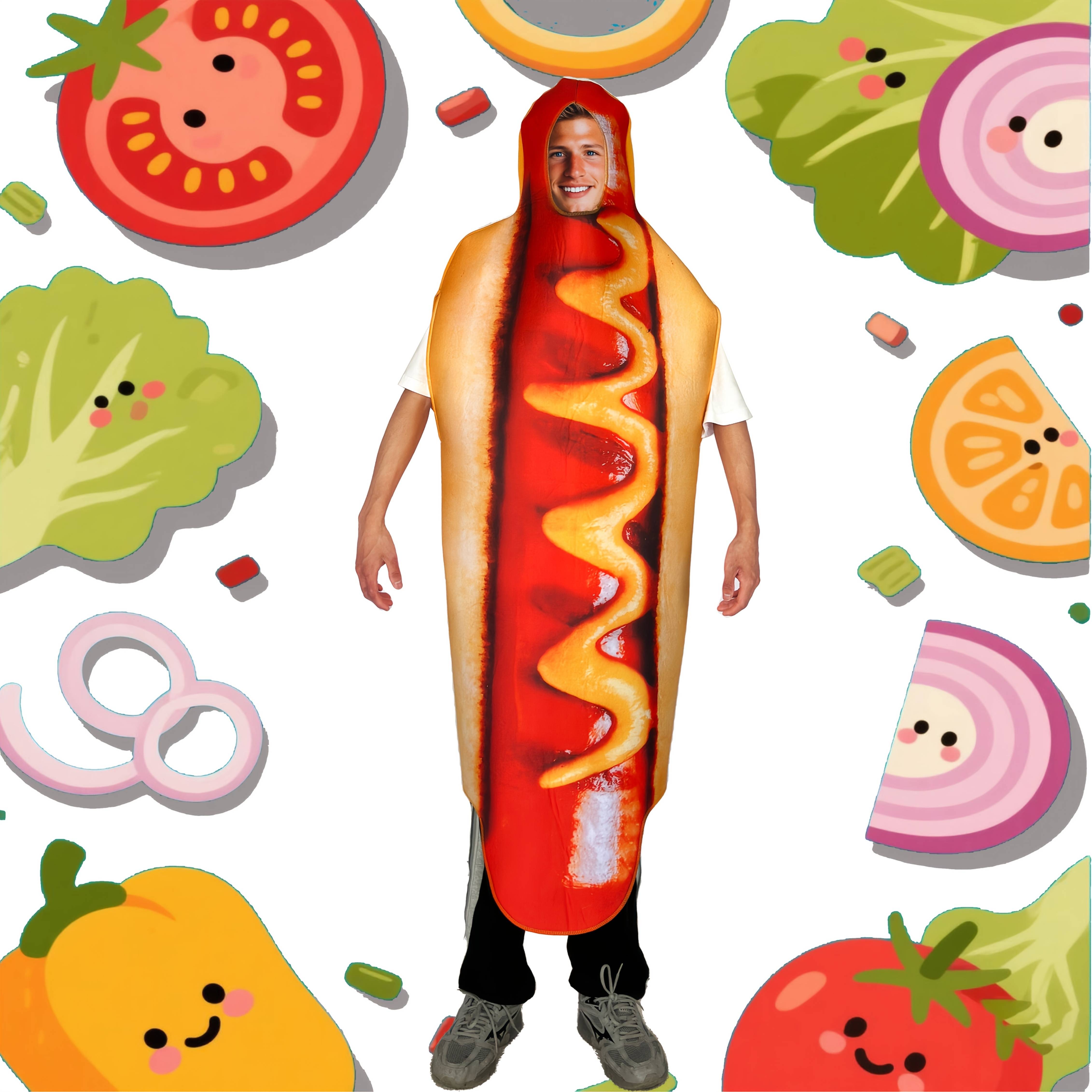 TEMU A Unisex Adult Hot Dog Patterned Jumpsuit, A Fun Food Themed Party Dress. 1pc Hot Dog Costume, A Costume For Halloween And Holiday Occasions.