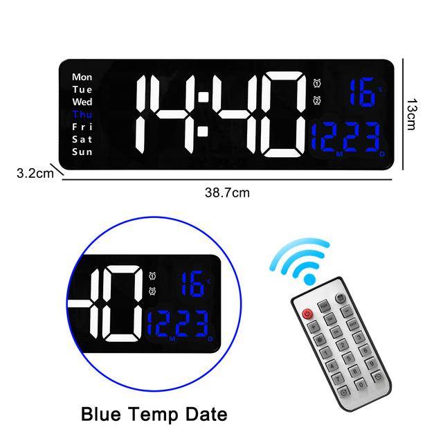 Väggmonterad digital väggklocka Fjärrkontroll Temp Datum Vecka Display Stäng av Minne Bord Klocka Dubbla larm Stora LED-klockor