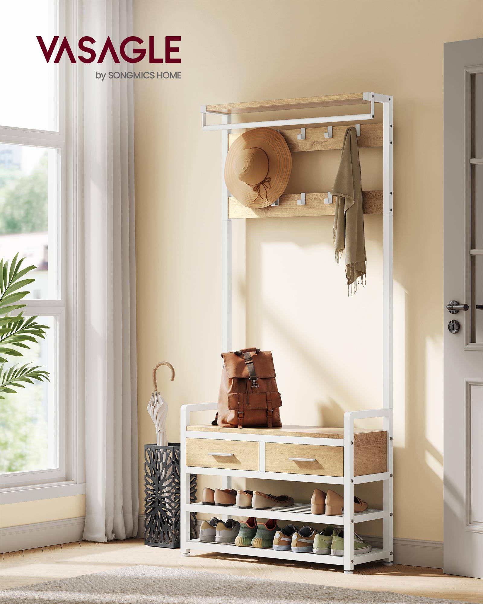 VASAGLE HSR429YA01 Entrance Coat Rack with 10 Removable Hooks, 2 Drawers, Shoe Bench, Separable Design, 30 x 80.5 x 181.5 cm