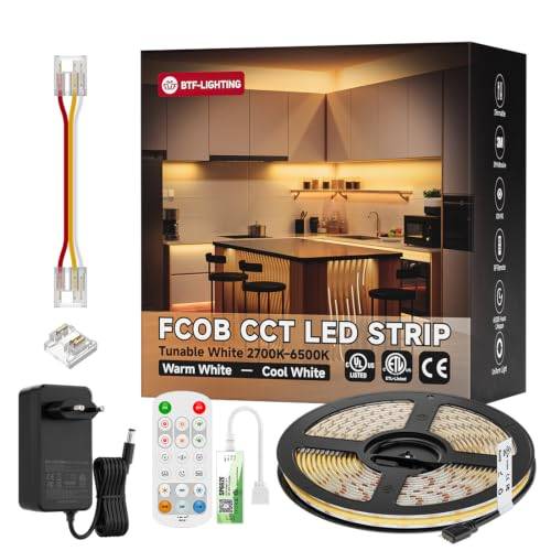 BTF-LIGHTING FCOB COB LED-remsa CCT 10 m 624 LED/m 24 V Vit | Flexibel LED-remsa med hög densitet 2700 K-6500 K med styrenhet SP662E och nätaggregat 24 V för garderob, kök