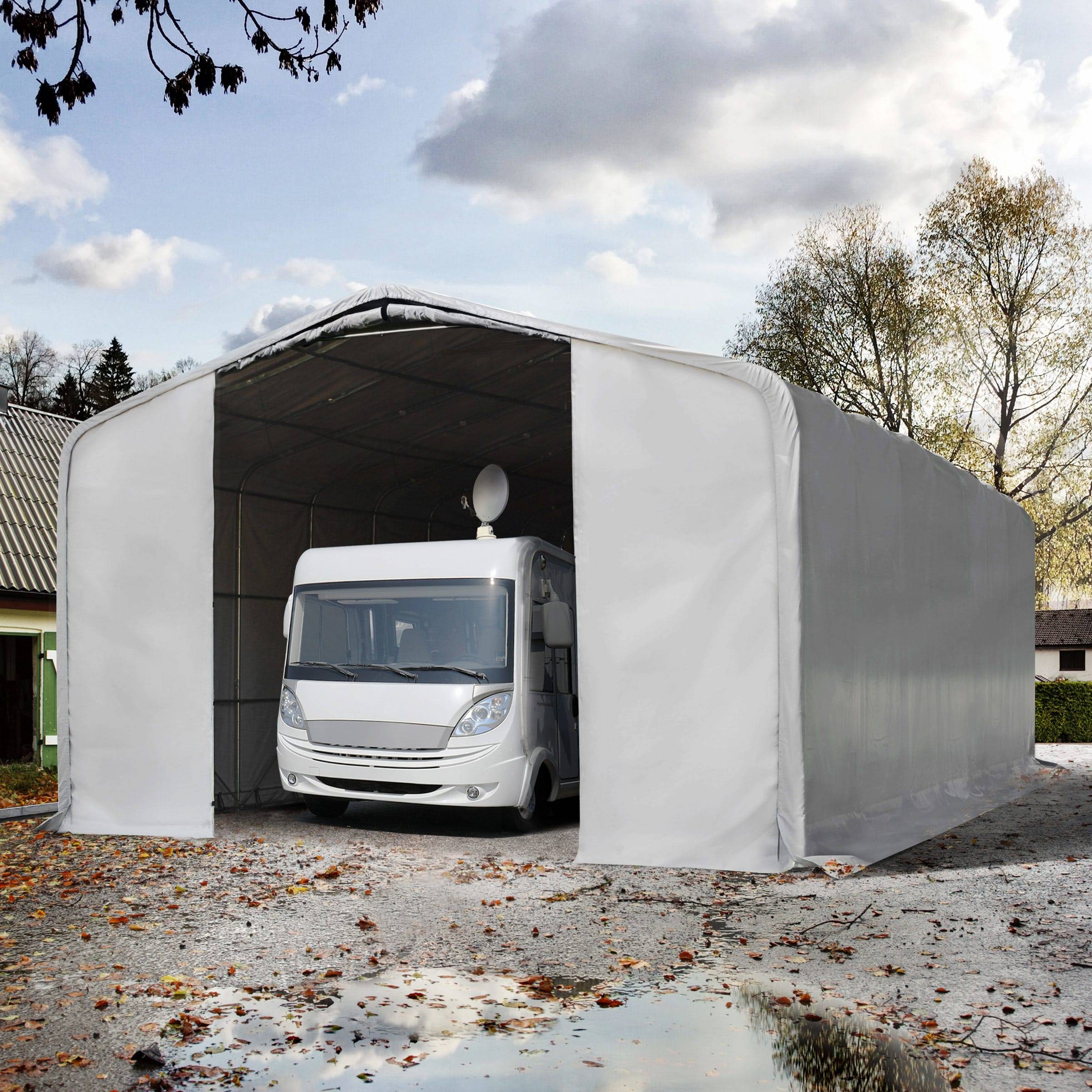 Garagetält 8x36 m - 4 m sidohöjd med 4x4,6 m port, PVC 850, grå, utan hållfasthet (Säkerhetspaket) - (99508)