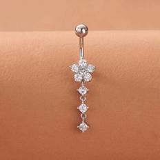 1 st Plum Blossom Zirconia dekorerad navelring, dagligt slitage navelpiercing - Silver (En-Storlek)