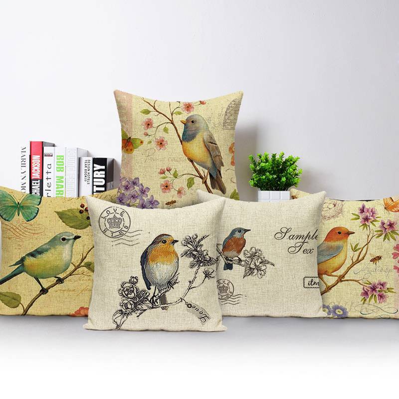 Retro Bird Tree Butterfly Painting Pillow Case Flower Pattern Cushion Cover for Office Bedroom Sofa Car Living Room Pillow Cover