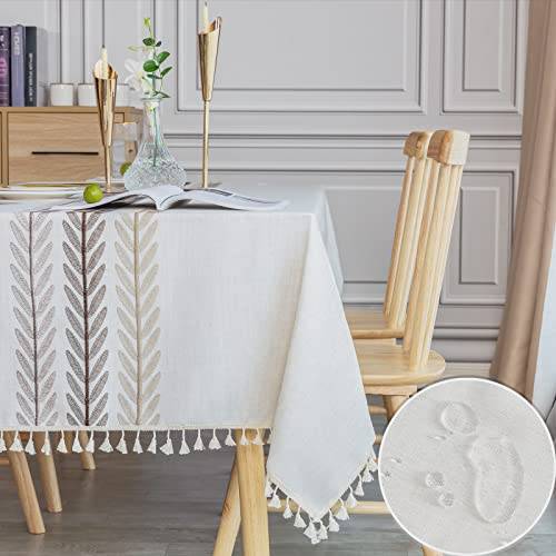 SUNBEAUTY Bordsduk rektangulär linne bomull 140 x 200 bordsduk vattentät torkbar tofs bordsduk för kök matbord dekorationer – 140 x 200 cm