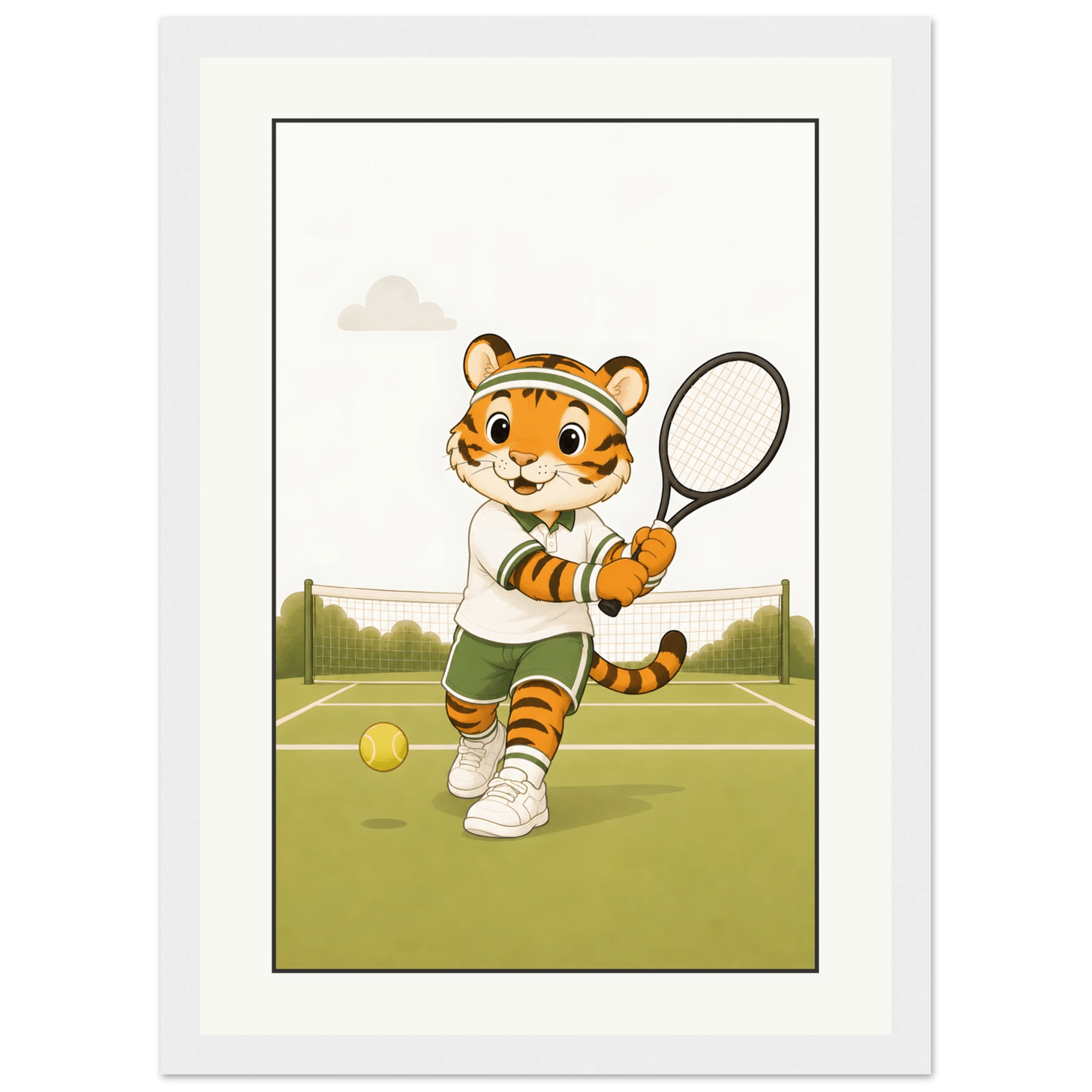 Tiger spelar tennis-21x29.7 cm / 8x12" / Med ram / Vit