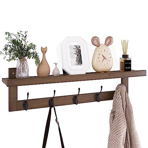 SMIBUY Klädkrokar med hylla Väggmonterad, 74 cm Entré Klädhängare för vägg, Bambu Hängande Hylla med 5 Dubbla Metallkrokar för Badrum, Sovrum, Kök, Vardagsrum, Lerrum (Valnöt)