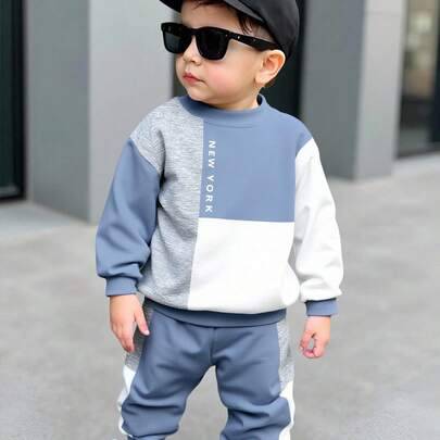 2-delad casual outfit för babypojke med färgblock, bokstavstryck, rund hals, långärmad topp och byxor för höst och vinter - Multifärgad (6-9M,9-12M,12-18M,18-24M,2-3Y)