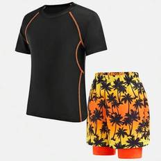 2 st/set barnpojkar casual sportiga rund halsringade rashguard och palmträdstryck vävda strandshorts baddräktsset - Orange (8Y,9Y,10Y,11Y,12Y)