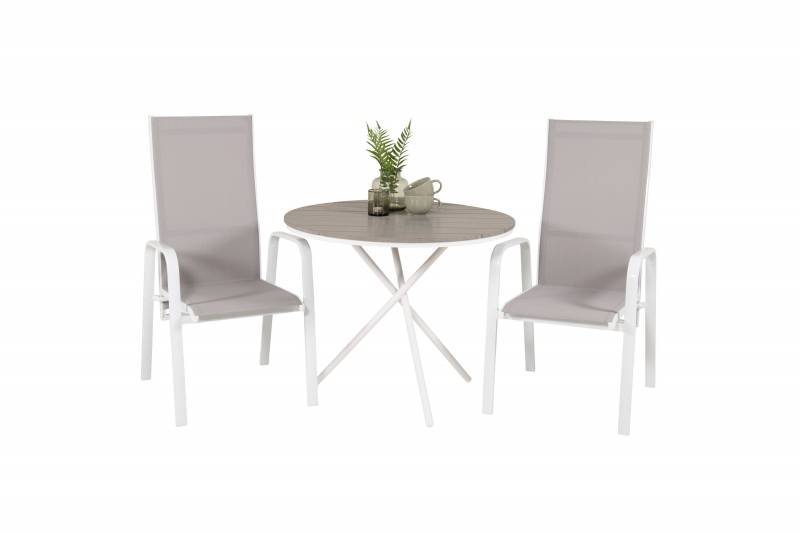 Parma cafébord Ø90cm med 2 recliner stole hvid og grå