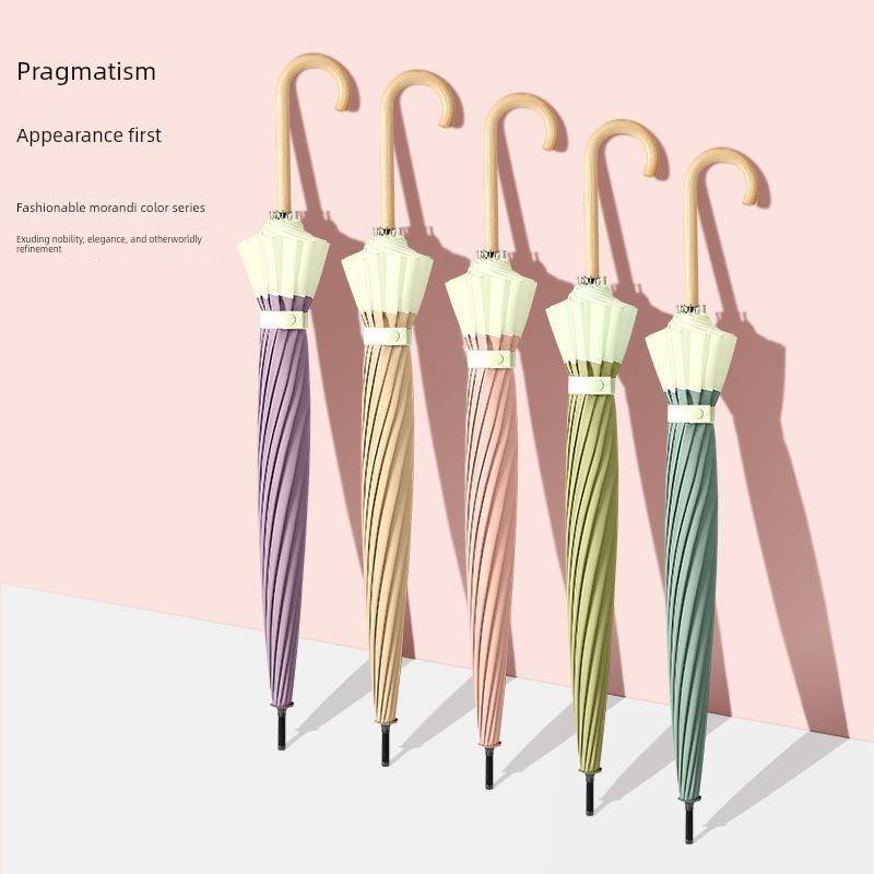 Japansk rakt paraply i koreansk stil, Ny enkel Ins-stil fräsch design, Paraply med 16 ribbor och skarvning, Enfärgat automatiskt långhandtag för sol o