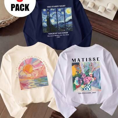 3 st/set långärmade lösa casualskjortor för flickor och tweenflickor med Van Gogh Starry Night, Matisse blommor och Sunrise oljemålningstryck på rygge - Aprikos (6Y,7Y,8Y,9Y,10Y,14Y,11Y,12Y,13Y,16Y,15Y)