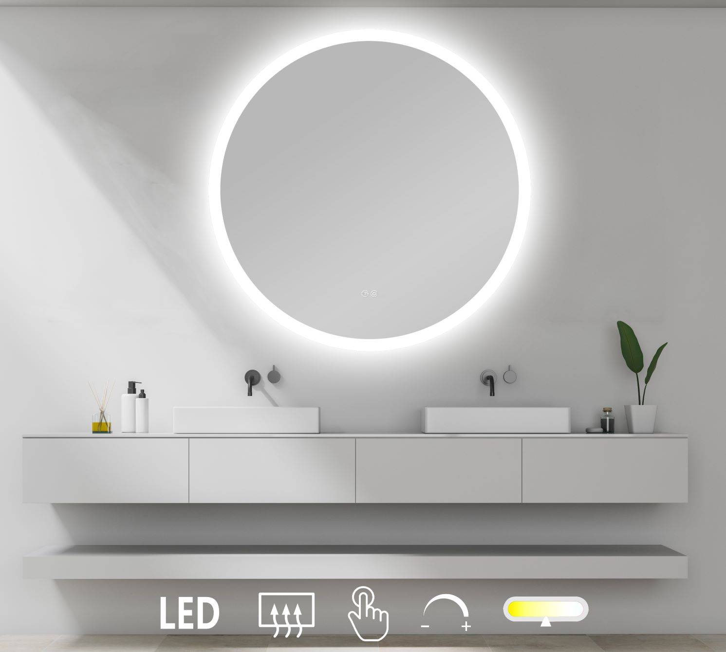 NY Sandra 4 Spejl med LED lys, antidamp, farveskift og dæmpning - flere størrelser Ø60 cm
