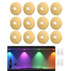 WUYOR USB uppladdningsbar RGB LED-spots batteri med fjärrkontroll, färgväxling LED inbyggd lampa, magnetisk dimbar batteri skåpbelysning, trådlös vitrinbelysning med timing-funktion guld 12 st
