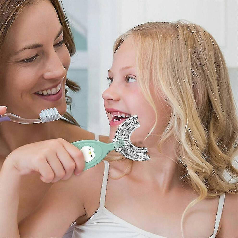 (Large 6-12 Years Old, Green) children Soft U-shape 360 Thorough Cleansing Toothbrush For Ages 2~12