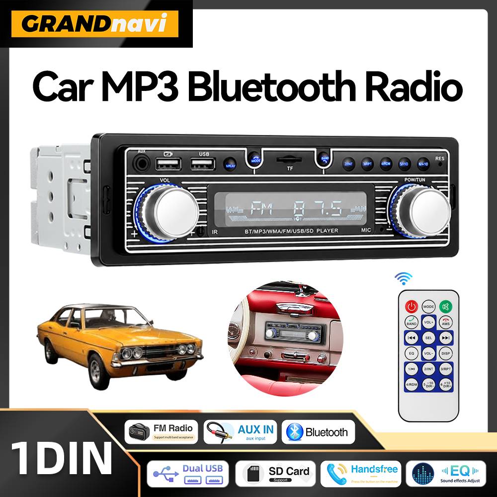 1DIN MP3 Player Retro Stereo Car Radio FM EQ Digital Bluetooth SD Dual USB Charging With In Dash Aux Input