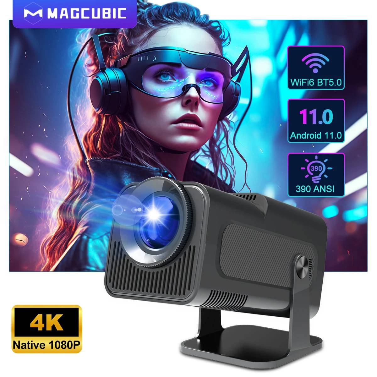 HD Äkta 4K Native 1080P Android 11 Projektor 390ANSI HY320 Dual Wifi6 BT5.0 Bio Utomhus Bärbar Projektor Uppgraderad HY300 EU-kontakt