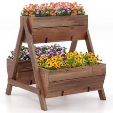 Lodret højbed med 2 niveauer & 3 plantekasser & drænhuller blomsterbed 66 x 73 x 73 cm brun