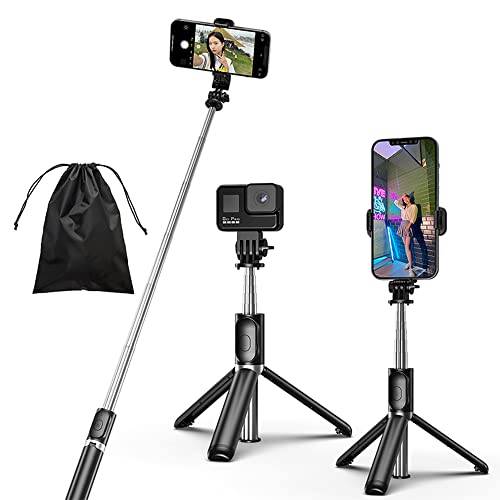 KOMI Selfiepinne – 4-i-1 selfiepinne stativ, utdragbart telefonstativ bärbar med avtagbar trådlös fjärrkontroll kompatibel med iPhone 15 Pro Max/15 Plus/15/14/13 Samsung kamera Android (svart)