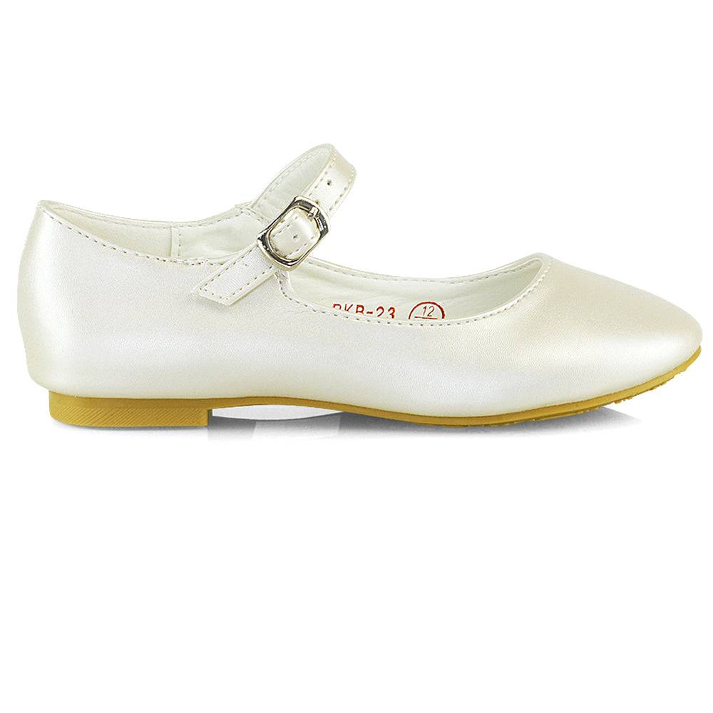 Connie Kids Strappy Buckle Detail Flat Ballerina Bridal Pump Wedding Shoes In White - Ivory / UK 11 | EU 29 | US 12
