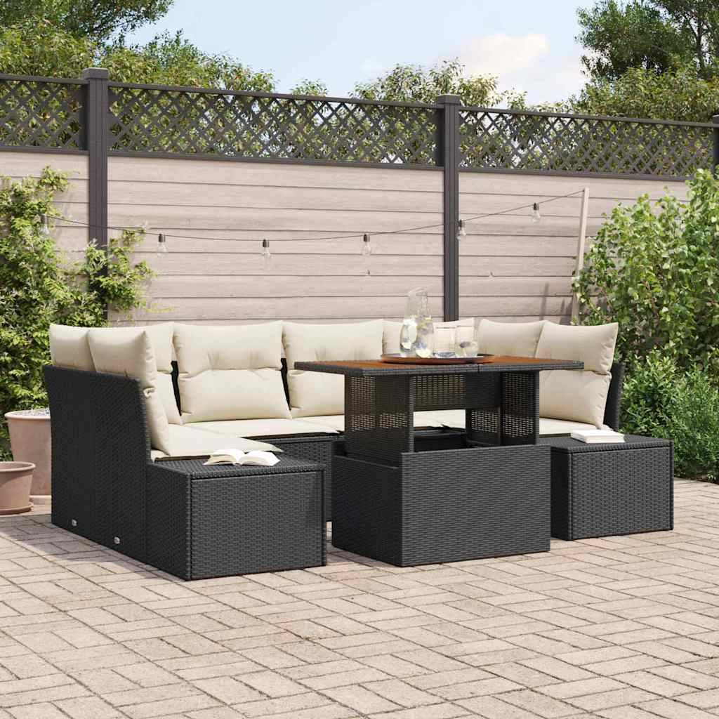 Havesofa Sæt 7 Stk. Polyrattan - Sort og cremefarvet