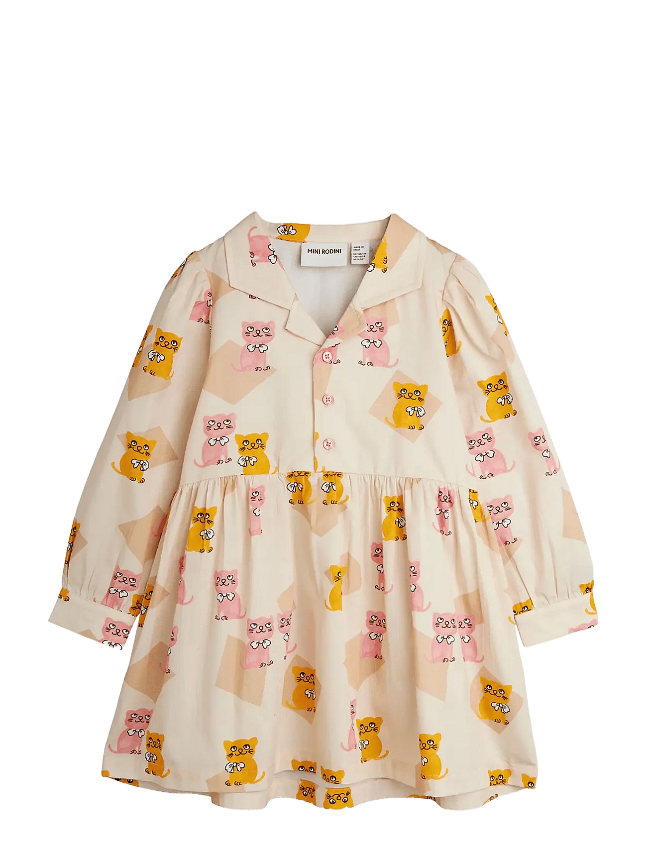 Mini Rodini Kittens Aop Woven Ls Dress - Cream - 80/86