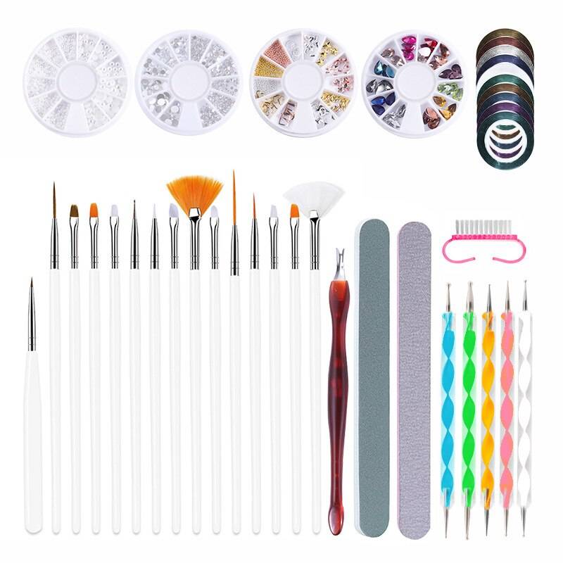 38 st nagelkonst kit manikyrset borstar prickpenna strass randtejper klistermärke dekoration pusher pedikyr nagelvårdsverktyg