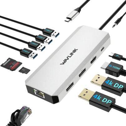 12-i-1-dockningsstation för bärbar dator och (2-i-1-kortläsare), USB-C-hubb, trippelskärmsadapter med flera portar och 4K HDMI-expansion, 100 W PD, 5 - Silver