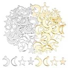 UNICRAFTALE 80 st 2 färger stjärna måne hänge 2 stilar rostfritt stål ihåliga hängen metall stjärna måne berlocker för gör-det-själv armband halsband smyckestillverkning hantverk, 14.5~16 mm, Metall
