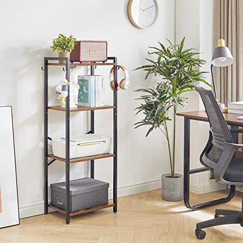 YMYNY Bokhylla, 4 nivåers förvaringsställ, växtställ, stålram, för vardagsrum, kontor, studie, hall, industriell stil, rustik brun och svart HBC004H