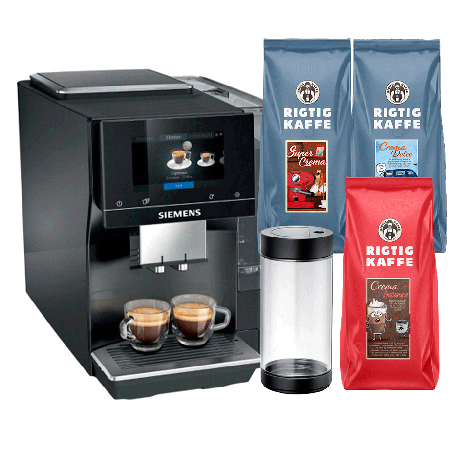 Siemens TP713R19 EQ700 Classic Piano Sort Inkl. Mælkebeholder, 1kg Super Crema, 1kg Crema Intenso & 1kg Dolce Crema