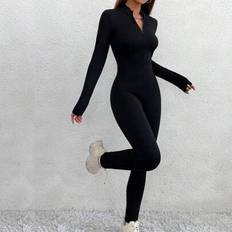 Autumn/Winter Zip-Up Long Sleeve Skinny Jumpsuit, Workout Casual Warm Lining Compression Tights Fall Cloth For Women - Black - L,M,S,XL,XS