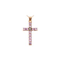 Diamond & Pink CZ Gemstone Cross Pendant Necklace in 9ct Rose Gold - rose gold/pink