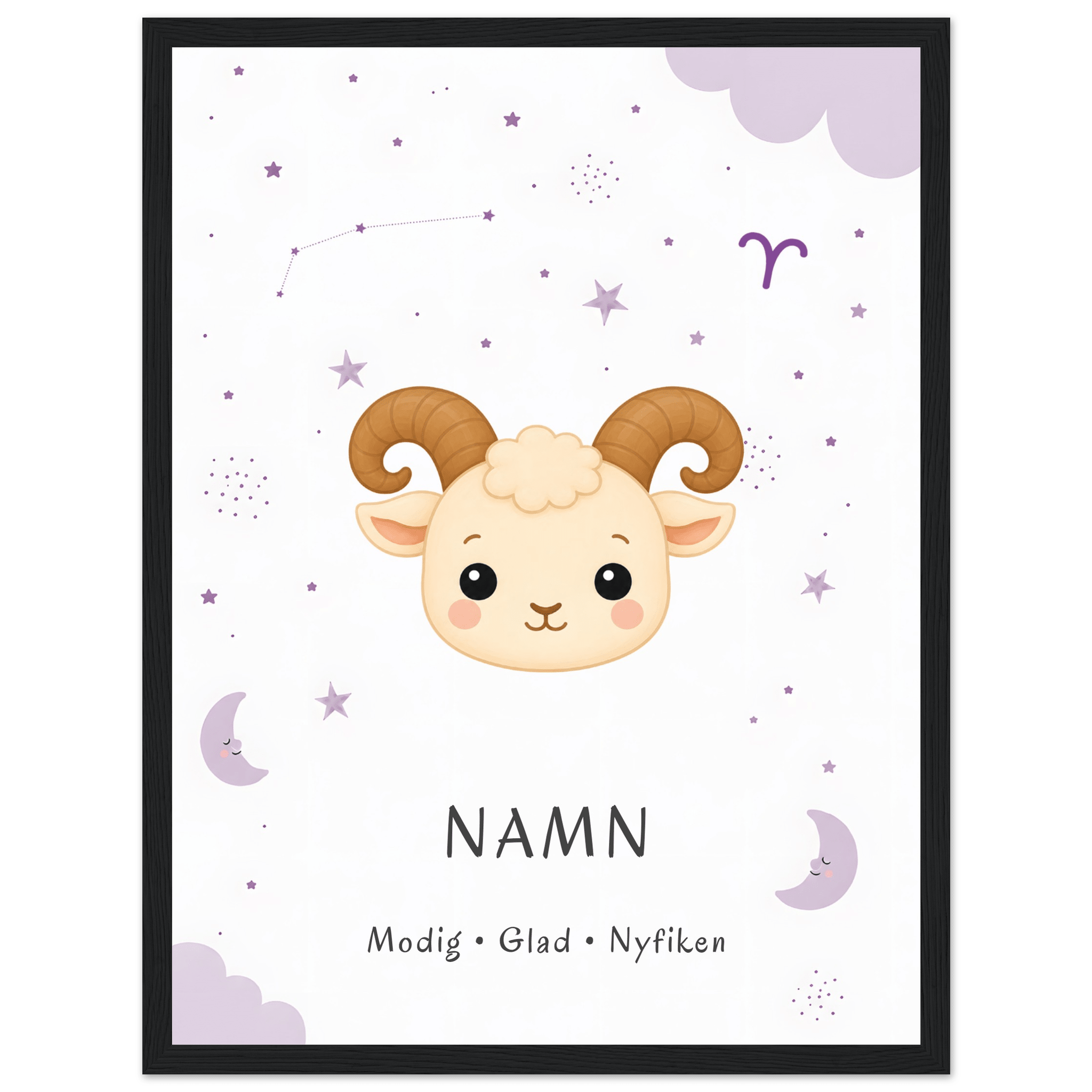 Stjärntecken väduren med namn-30x40 cm / 12x16″ / Med ram / Svart