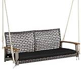 COSTWAY Schommelbank, 2-sits, PE-rotan med kudde, trädgårdsschabracka för att hänga upp, upp till 360 kg, schabracka med armstöd av akaciaträ, schabracka för trädgård, balkong, veranda (svart)