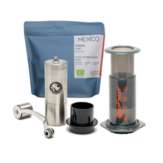 AeroPress Kaffebrygger + Rhino Compact Coffee hand grinder + 300g friskristet kaffe