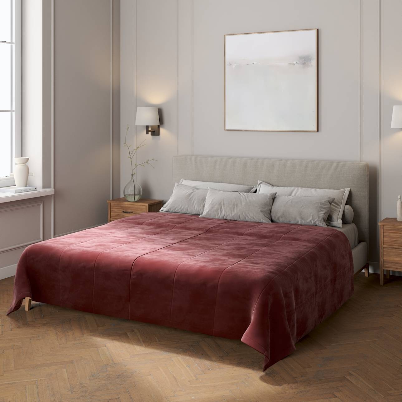 Sengetæppe quiltet<br/>i 25cm striber i velour, Bordeaux, Velvet