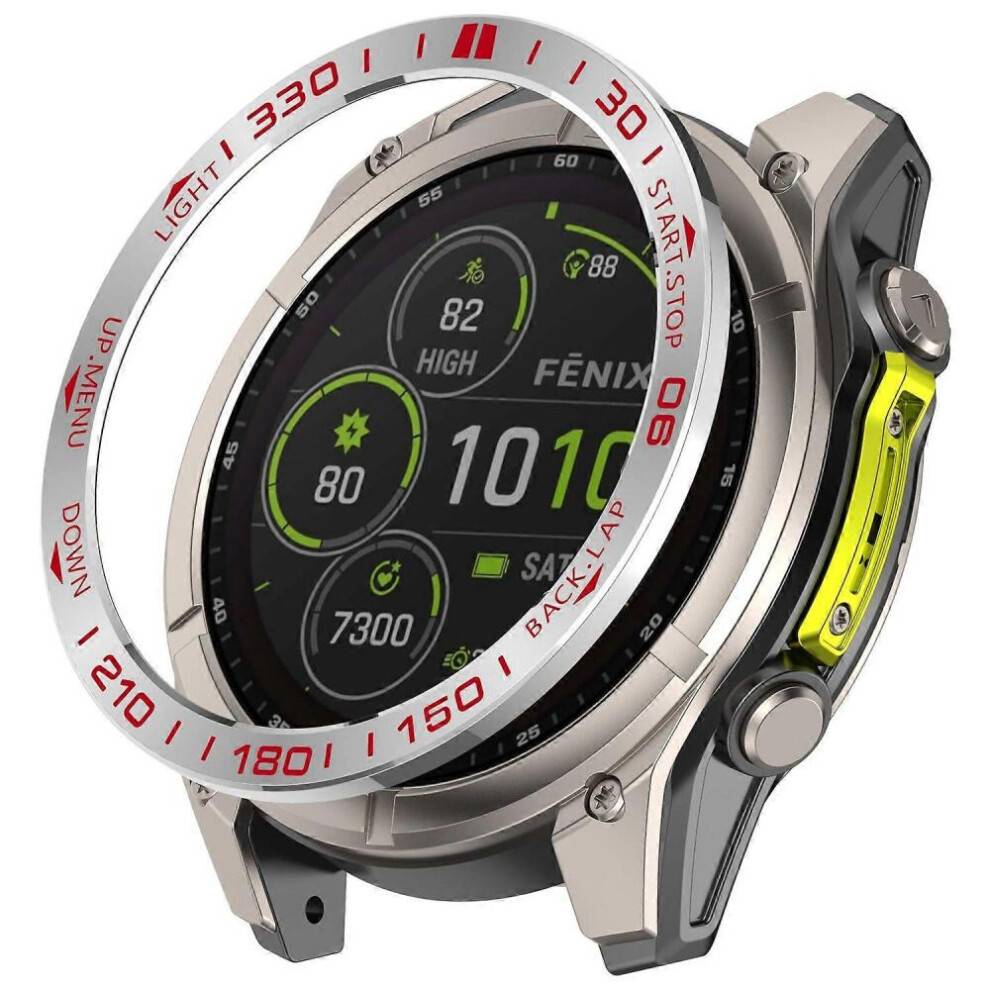 (Sølv+Rød) Til Garmin Fenix 8 51mm AMOLED Version Rustfri Stålkant Ridsefast Beskyttelsesring - Sølv