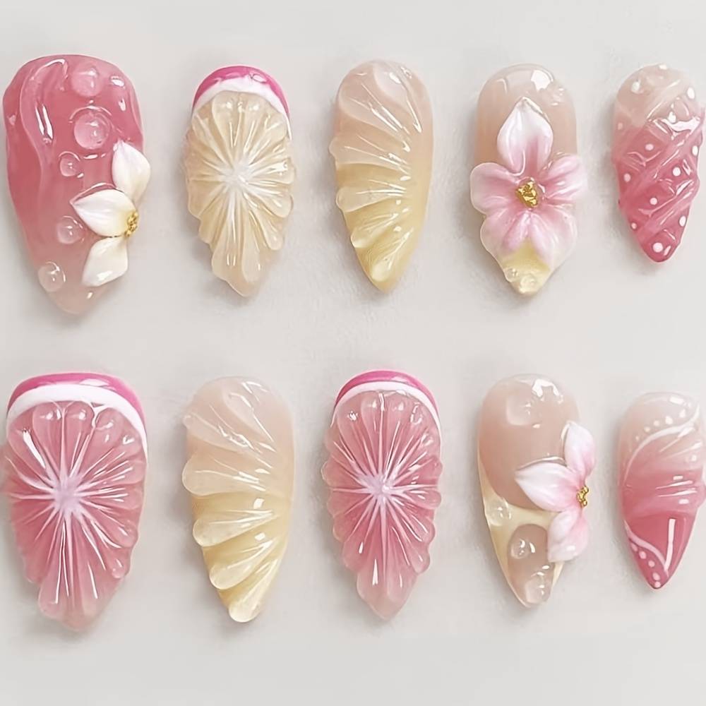 TEMU 24pcs Almond-shaped Press-on Nails Suitable For - Medium Length Cherry & Citrus Nail Art With 3d Relief, Glossy Detachable Fake Nails, Fruit/flower Nail Stickers For Diy Manicure/pedicure Designs