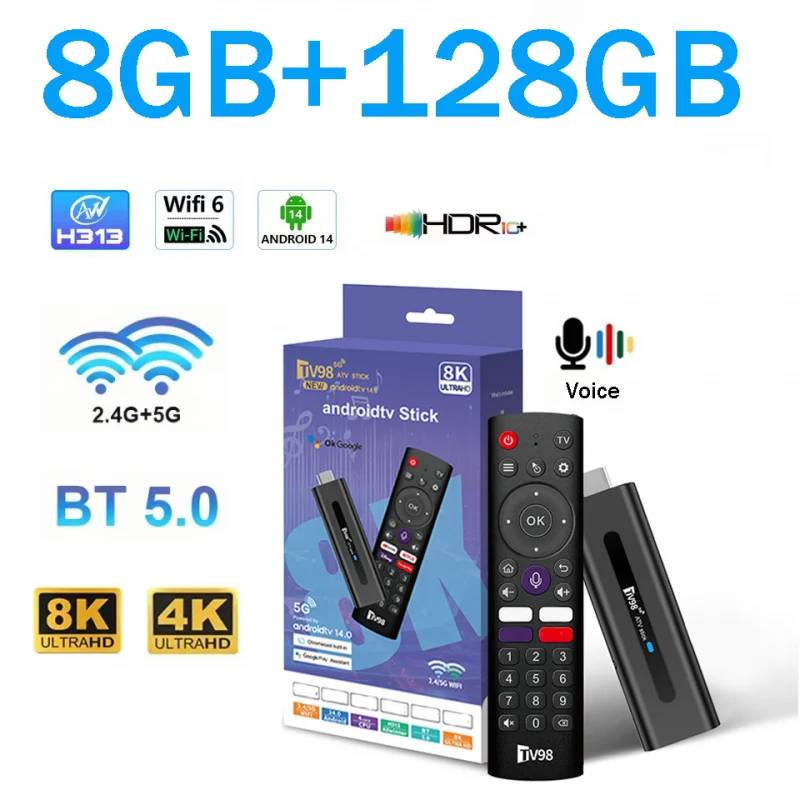 TV98 ATV Stick Android 14 BT 5.0 Allwinner H313 Quad Core 4G 5G Dual WiFi Voice Remote HD 8K 4K @60fps TV Stick 8GB 128GB IPTV