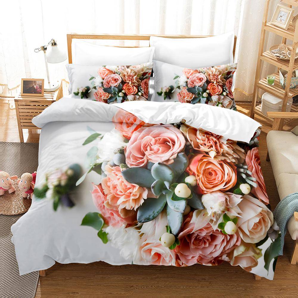 Blommigt påslakan King Twin Queen Dubbelstorlek Kit 3D Blommigt Tryckt Örngott Nytt Grossist Elegant Överkast