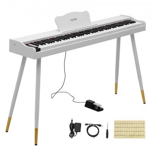 VEVOR Digitalpiano 88 Tangenter Halvvägt Keyboardstativ i Fullstorlek Vitt, För Nybörjare, 600 Toner, 600 Rytmer, Elpiano, Med Sustainpedal, Högtalare, Hörlursuttag, USB/MIDI, Nätadapter