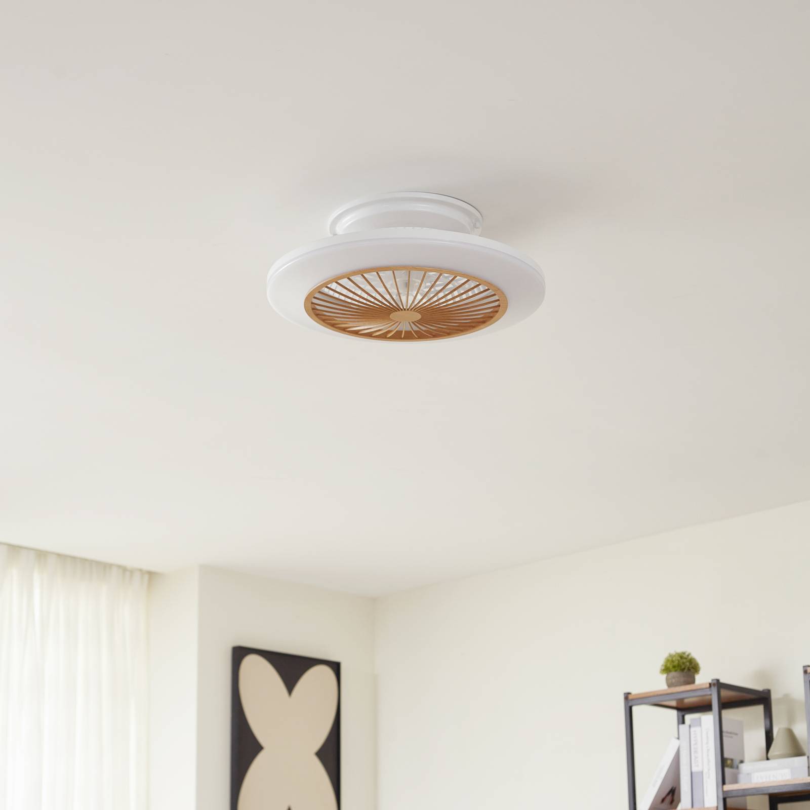 Lindby LED-takfläkt Mamuti, träfärgad, tyst, 55 cm Mamuti Lindby, dimbar, Vitt / opal, Vardagsrum / matsal, Aluminium / grå / zink, Modern